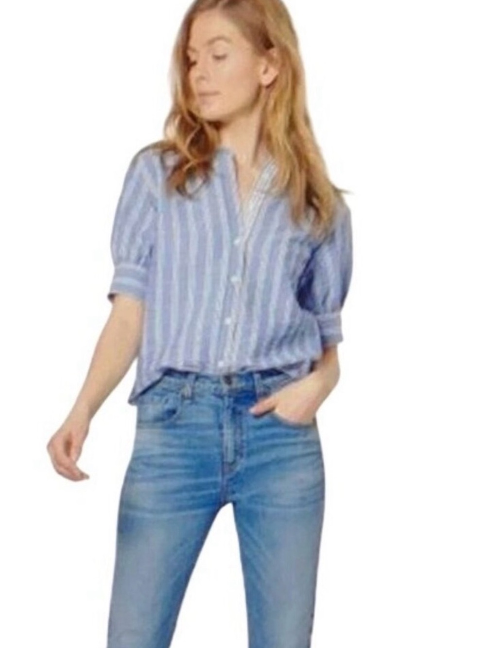 VERONICA BEARD | Vernon Blue Stripe Button Up Short Sleeve Cotton Shirt SZ L